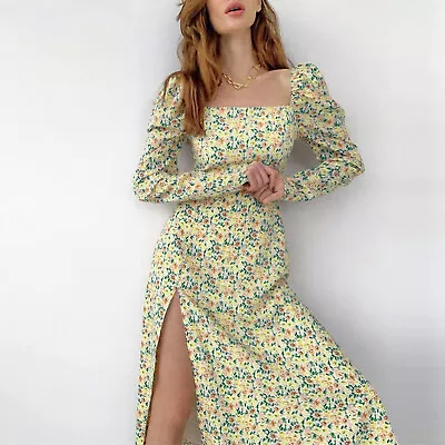 Ladies Casual Dress Long Sleeve Slit Dress Square Neck Daisy Print Boho Dress • $22.74