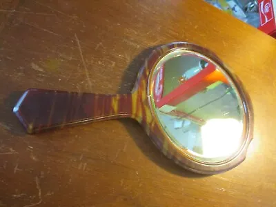 Vintage Handheld Vanity Mirror Bakelite Brown Tan Gold Tiger Maple Design • $10.74