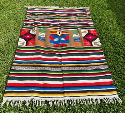 $29.95 • Buy VTG. MAYAN AZTEC ZAPOTEC HAND WOVEN WOOL RUG COLORFUL/STRIPES MEXICO   49x79