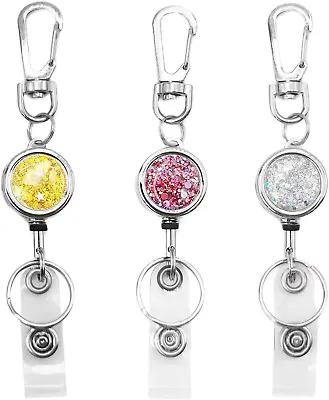 3 Pack Retractable ID Badge Reels With Glittery Shiny Design Key Ring And Belt  • $18.30