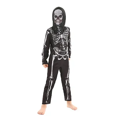 Kids Skeleton Costume Jumpsuit Boys Girls Ghost Halloween Fancy Dress Outfit • £9.98