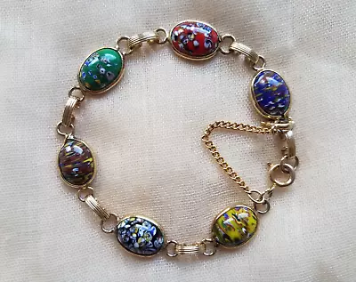 Vintage Bracelet Millefiori Art Glass Multi Color Cabochons Gold Tone 7.5 In • $32