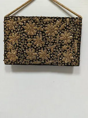 Vtg Zardozi Gold Metallic Black Hand Embroidered Evening Clutch Bag India • $45