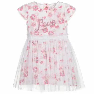 Guess Baby Girl White Pink Cotton Floral Print Short Sleeves Tully Overlay Dress • £12.99