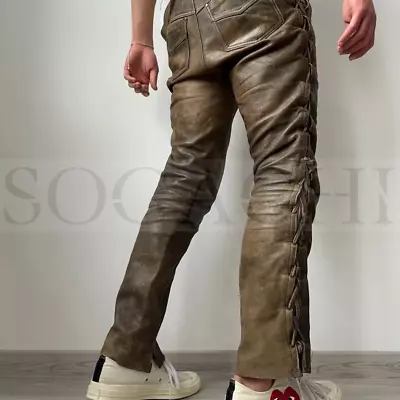 Men's Real Leather Vintage Bikers Pants COW Distressed Bikers Trousers • $129.99