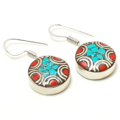 Turquoise Red Coral Handmade Ethnic Drop/Dangle Nepalese Earrings 1.40  NE 5026 • $6.49