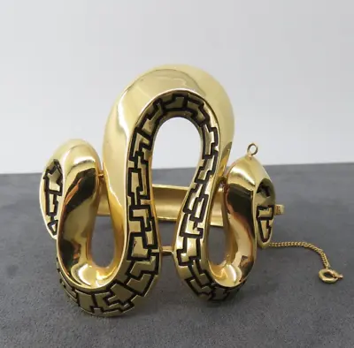 Vtg Crown Trifari  Snake Bangle Bracelet Gold Tone Hinged Black Enamel Texture • $299