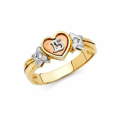 Start Heart 8mm 15 Años Quinceañera CZ 14k 3Tone Gold Ring Corazón Oro Anillo • $279.98