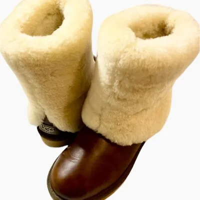 UGG Australia Maylin SAMPLE Chestnut Brown Leather Sheepskin Lined Boots Size 7 • £96.41
