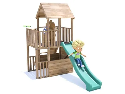 £649.99 • Buy Wooden Climbing Tower Playhouse Childrens Climbing Frame Green Slide BalconyFort