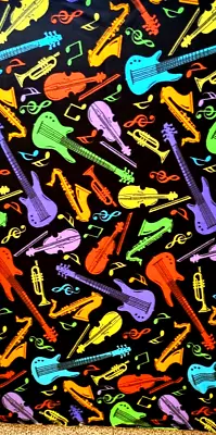 Musical Instruments Fleece Fabric Notes Violin Guitar Sax Red Orange Anti Pill • $22.99