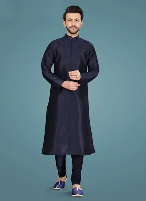Mens Long Nehru Kurta Pajama Raw Silk Indian Punjabi Asian Clothing 6 COLOURS • £29.99