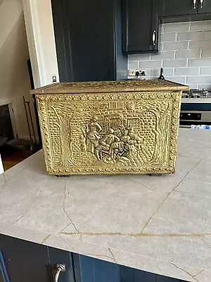 Large Antique Embossed Brass Fire Coal Log Box • £39.99
