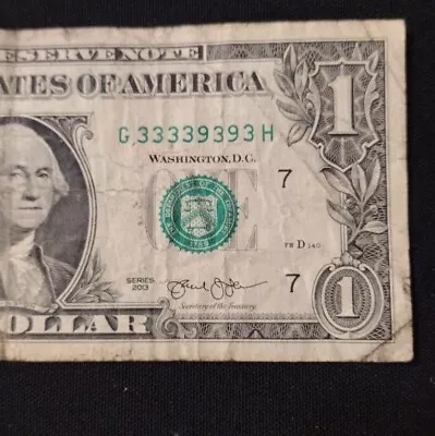 Binary Fancy Serial Number One Dollar Bill  Six Of A Kind 3s Pair 9s G33339393H • $10
