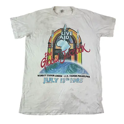 Vintage 1985 Live Aid Mens T Shirt Wembley Stadium Global Jukebox White Medium • $198