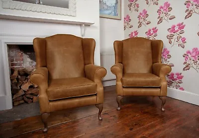 £1295 • Buy Pair Of Chesterfield Queen Anne High Back Chairs In Vintage Tan Leather