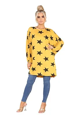 Womens Star Print  Viscose Top High Low Oversized Baggy Batwing Plus Size 8-26 • £9.65
