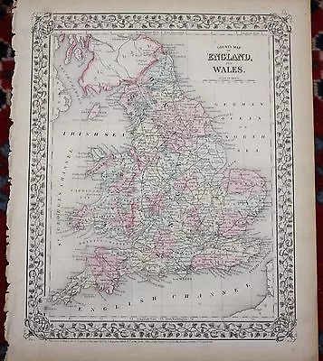 England And Wales Rare Original Antique 1870 Mitchell's Atlas Map • $34.95