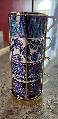 *LILY PULITZER*  Sunny State Of Mind  Set Of 4 Beach Themed Coffee Mugs W/Tower  • $30