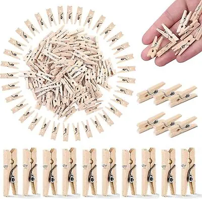 100 Mini Natural Wooden Pegs Cloth Crafts Cards Hanging Photo Clips Decor 25mm • £3.58