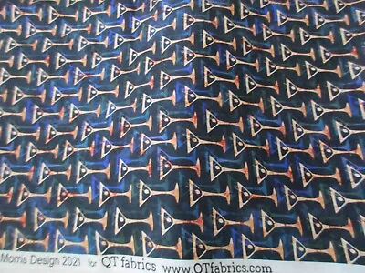 $4 • Buy 1 Fat Quarter New Cotton Fabric Martini Glasses On Dark Blue By Dan Morris