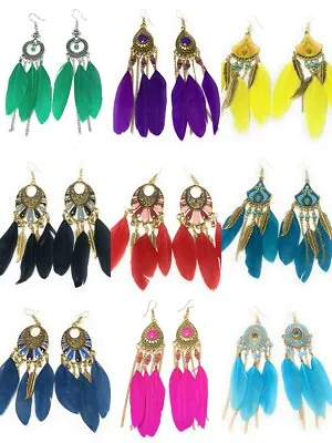 £3.99 • Buy Feather Chandelier Earrings Gold Gypsy Boho Tribal Tassel - Pierced Or Clip On