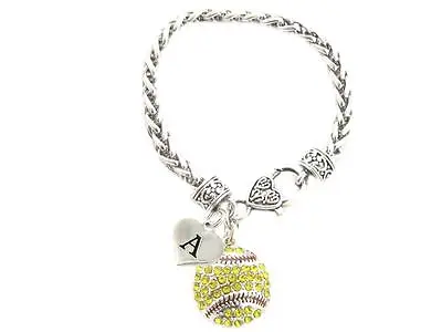 $21.99 • Buy Custom Crystal Softball Ball Silver Bracelet Jewelry Choose Your Initial All 26
