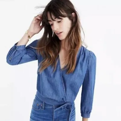 Madewell Denim Chambray Wrap Top Shirt Blouse 3/4 Sleeve - Size XS • $38