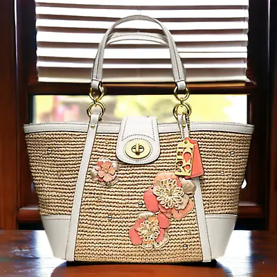 NWT Coach 19347 Hamptons Straw Applique Tote Bag Floral RARE HTF Retired • $350.24