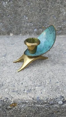 Vintage Brass Green Enamel Oppenheim Candle Holder Isreal • $6