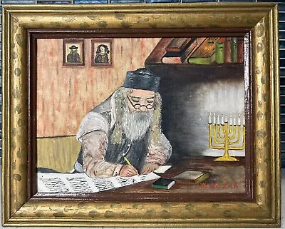 Original 1976 MCM Oil Painting Of Rabbi At Work During Hanukkah Signed Framed • $70.20