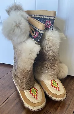 Vintage Mukluk Moccasin Boots Beaded Fur Native American Sz.W 8-9 • $240