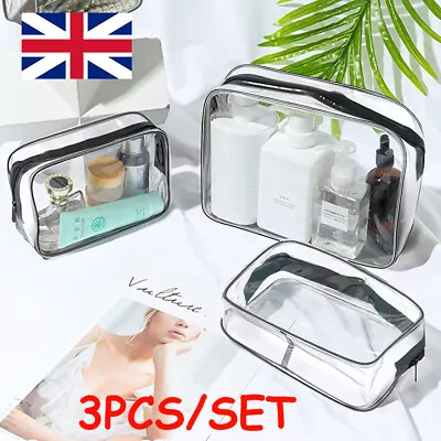 3pc Transparent Travel Bag Airport Cosmetic Makeup Toiletry Clear Wash Pouch Set • £3.89