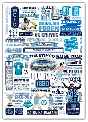 Manchester City Poster Treble Print Text Word Art Football Legends Players Gift • £6.95