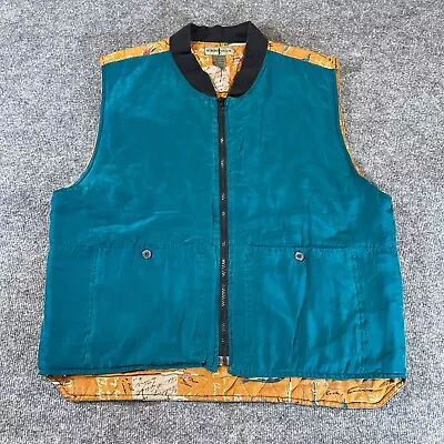 Robert Stock Vest Mens Large Teal Front With Fishing Pattern Back Silk Zip L NWT • $17.49
