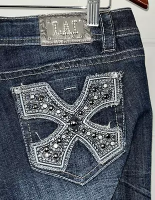 LA Idol Women’s Jeans Straight Cut Crystals Cross Pattern Pockets-Plus 32 (11) • $29.95