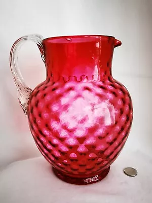 Antique Victorian Blown Cranberry Glass Jug Superb Large Quilt Moulded VGC • £22