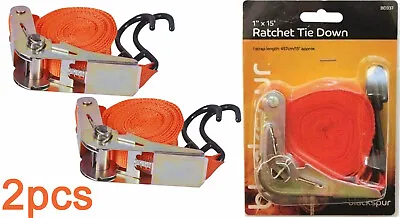 2 X HEAVY DUTY RATCHET TIE DOWN STRAPS 15FT (4.5M) CAR VAN ROOF RACK LUGGAGE • £6.39