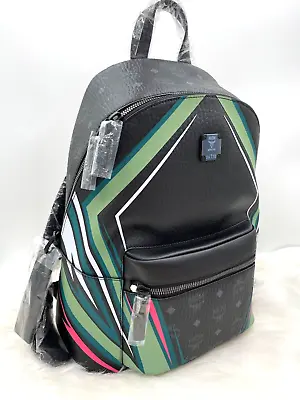 AUTH NWT $1490 MCM Stark Visetos Zigzag Coated Canvas Medium Backpack In Black • $1393.71