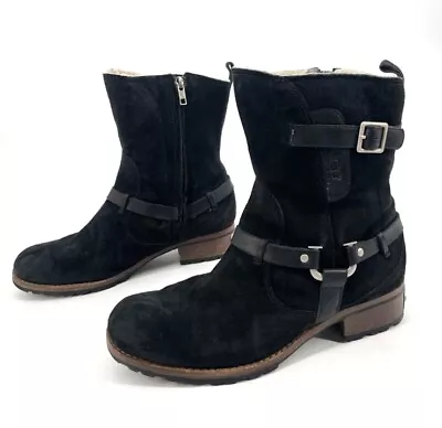 UGG Endell Women’s 10 Black Suede Lug Sole Buckle Moto Biker Harness Boot 5604 • $43