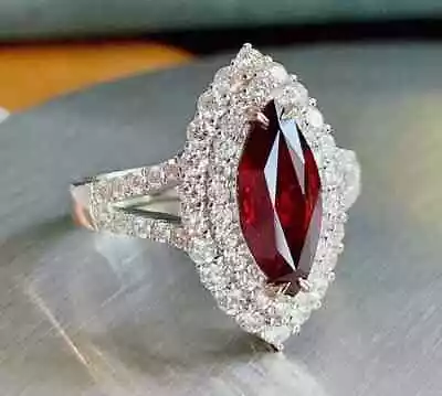 2.5Ct Marquise Cut Lab-Created Red Ruby Halo Wedding Ring 14K White Gold Plated • $89.99