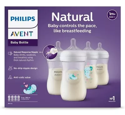 Philips AVENT Natural Baby Bottles Natural Response Manatee Design  9 Oz 4 Pack • $27.99