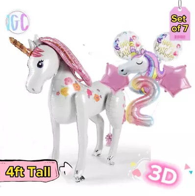 Giant Unicorn 4ft Balloon & Large Pink Unicorn Foil Balloon Set Of 7 Decorations • £14.99