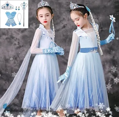 $32.95 • Buy Girls Frozen Elsa Costume Party Birthday Dress Cape Necklace Crown Set 2-10Yrs
