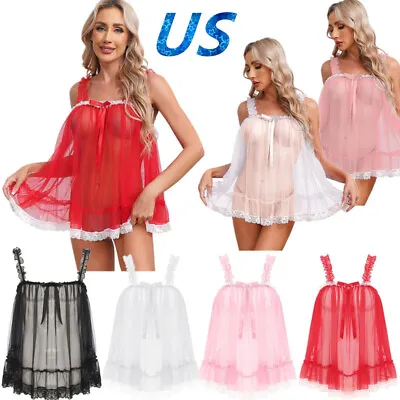 US Women's Lace Lingerie Babydolls See-Through Mesh Tops Nightwear Sexy Chemise • $9.98