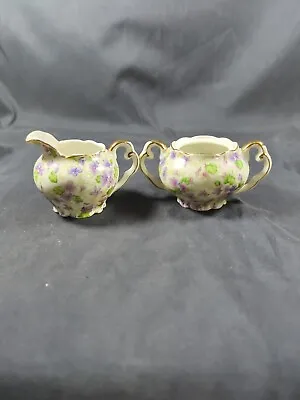Lefton China Hand Painted Creamer  Sugar Bowl Gold Trim Violets Mini 1044V • $18