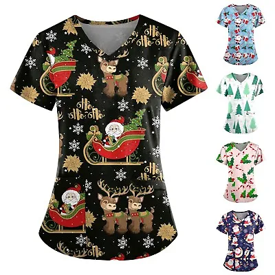 Women's Christmas Print Top Nursing Uniform Scrub V-neck Pullover Xmas T-Shirt • $30.44