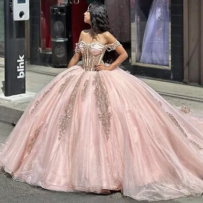 Pink Quinceanera Dresses Off Shoulder Glitter Sweet 16 Princess Party Ball Gowns • $164