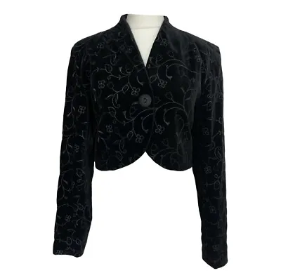 LAURA ASHLEY Vintage Black Velvet Embroidered Crop Jacket 1980s UK10 IT42 US6 • $151.55