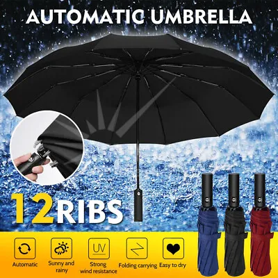 $14.79 • Buy 12Ribs Automatic Folding Umbrella Windproof Auto Open Compact With Fiberglass